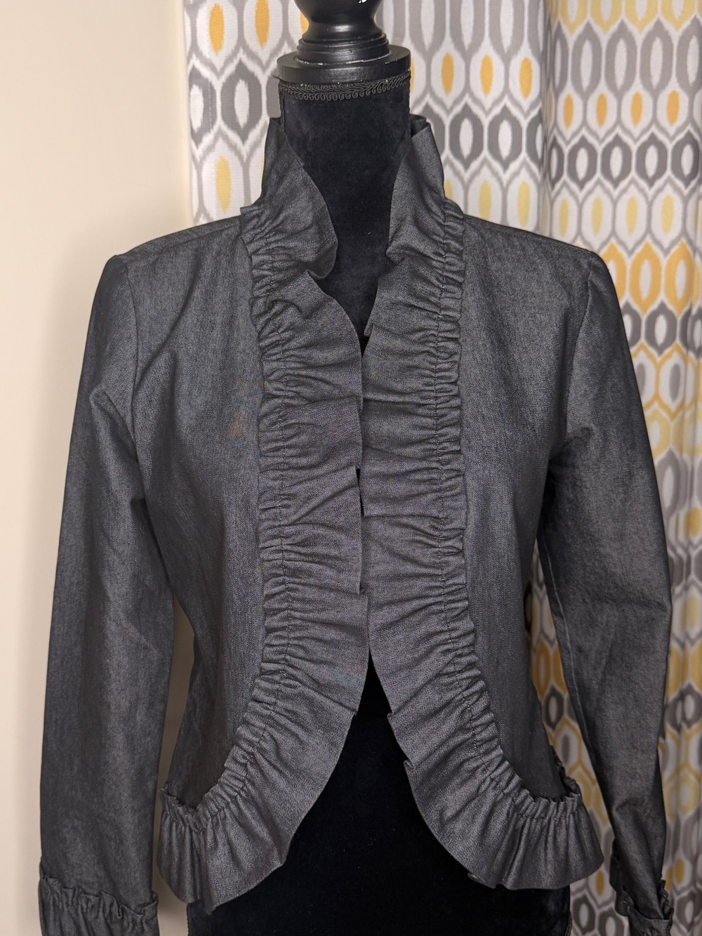 Nicole by Nicole Miller Charcoal Gray Denim Ruffled Open-Front Blazer Size 6